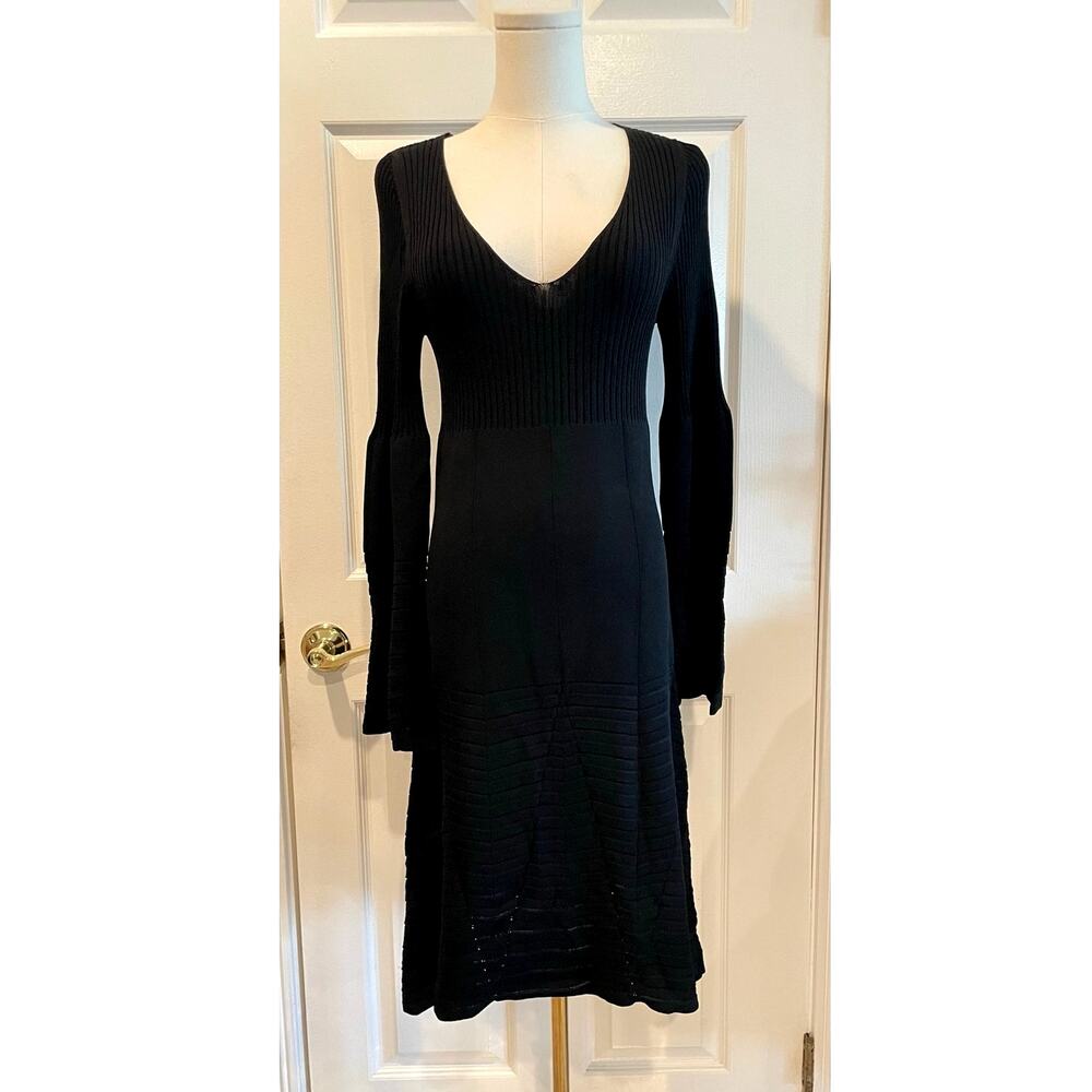 Leon Max Limited Edition Black Ribbed Knit Bell Sleeve V-Neck Midi Dress Size S